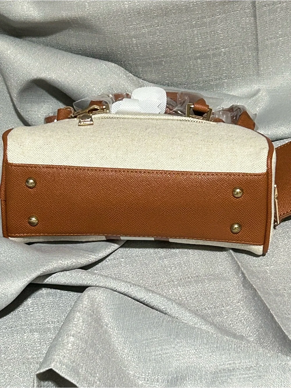 bebe Cream & Brown Dome Satchel with Striped Center